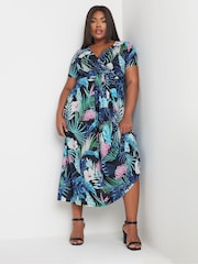 Yours Curve Black Leaf Print Woven Wrap Maxi Dress - Image 1 of 4