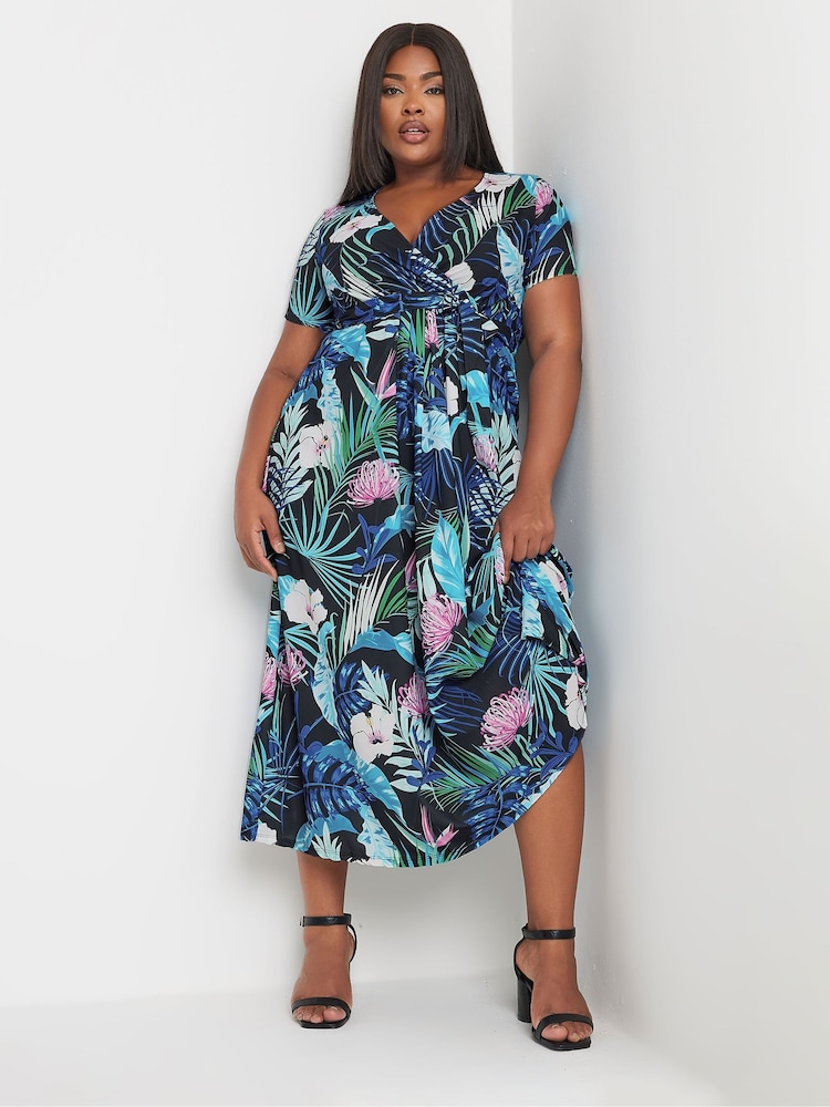 Yours Curve Black Leaf Print Woven Wrap Maxi Dress - Image 1 of 4