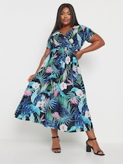 Yours Curve Black Leaf Print Woven Wrap Maxi Dress - Image 2 of 4