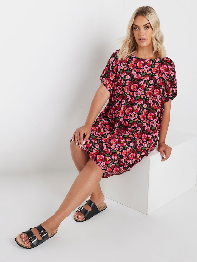 Yours Curve Pink Floral Print Tunic Dress - Image 1 of 5
