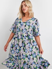 Yours Curve Purple Floral Print Smock Dress - Image 2 of 5