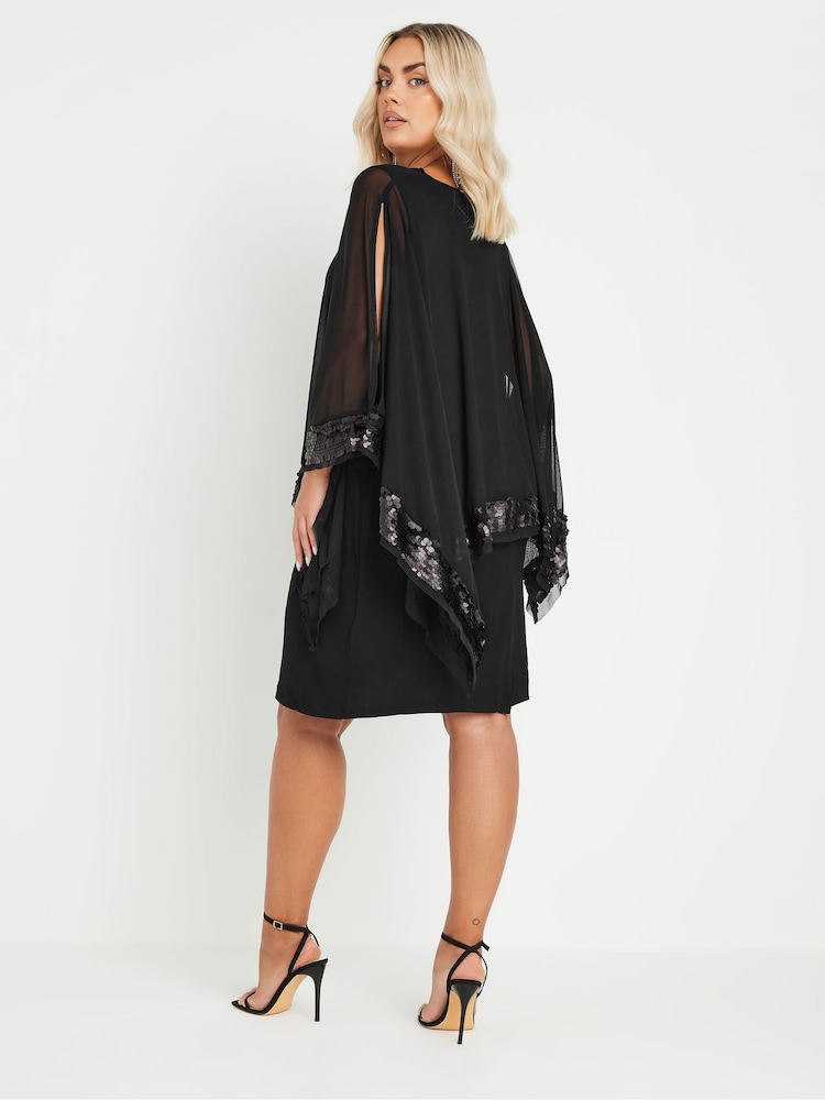 Yours Curve Black Sequin Trim Cape Dress - Image 3 of 5