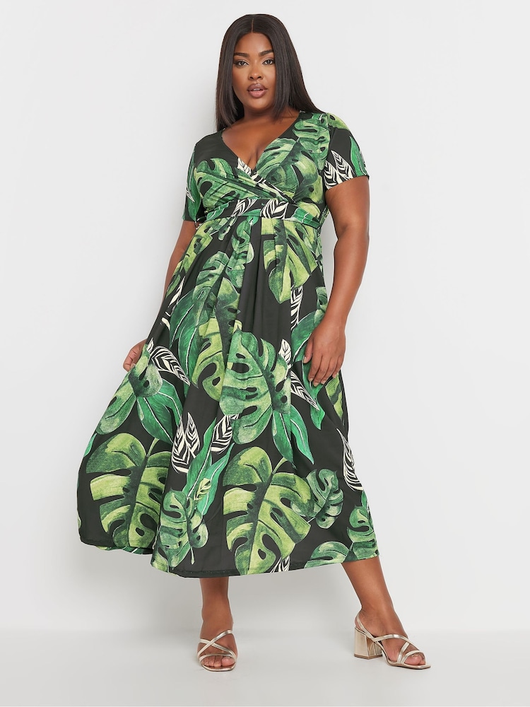 Yours Curve Black Leaf Print Woven Wrap Maxi Dress - Image 1 of 5