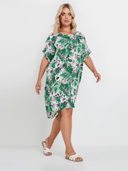 Yours Curve Green Tropical Print Tunic Dress - Image 1 of 5