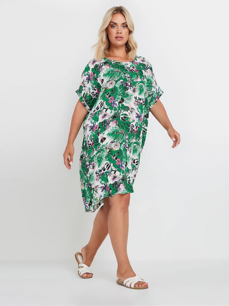 Yours Curve Green Tropical Print Tunic Dress - Image 1 of 5