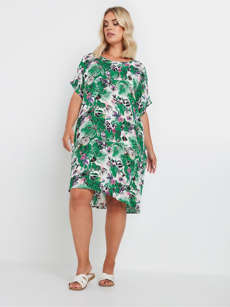 Yours Curve Green Tropical Print Tunic Dress - Image 2 of 5