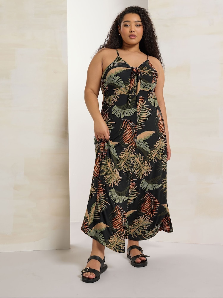 Yours Curve Black Leaf Print Maxi Dress - Image 1 of 6