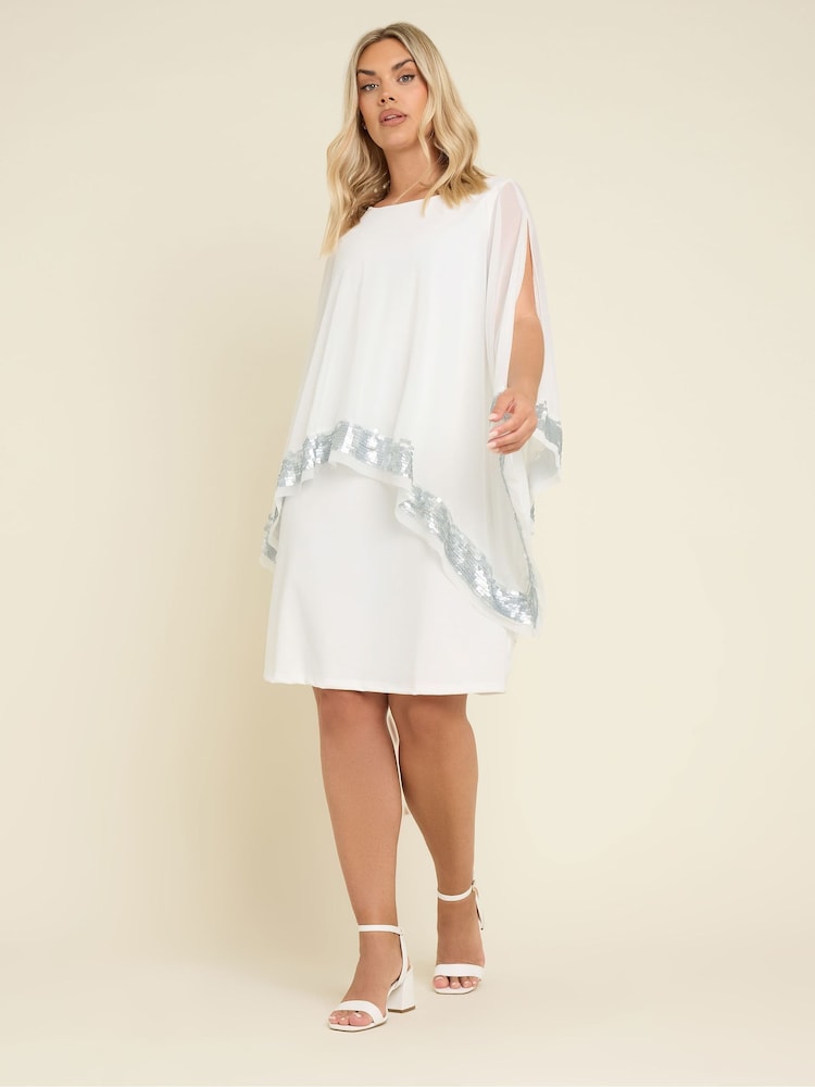 Yours Curve White Sequin Trim Cape Dress - Image 1 of 4 Yours Curve White Sequin Trim Cape Dress - Image 1 of 4