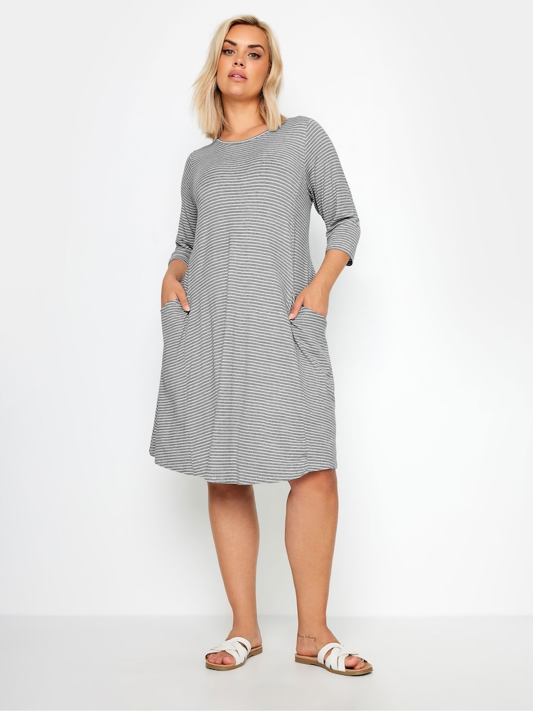 Yours Curve Navy Blue Stripe Pocket Dress - Image 2 of 5