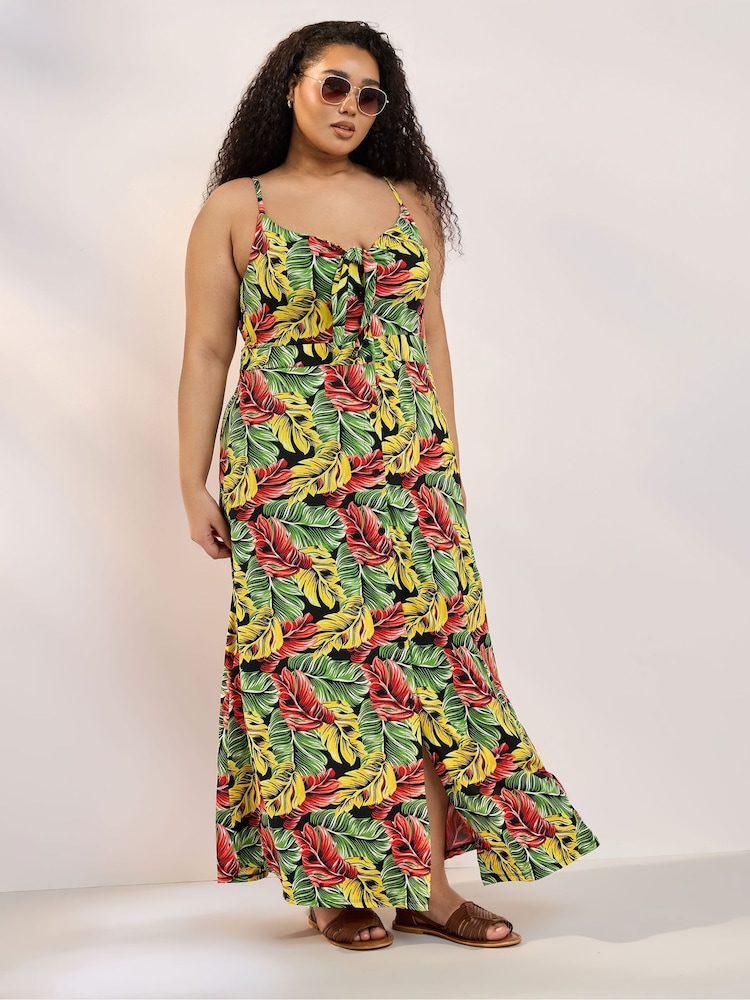 Yours Curve Black Leaf Print Maxi Dress - Image 1 of 5