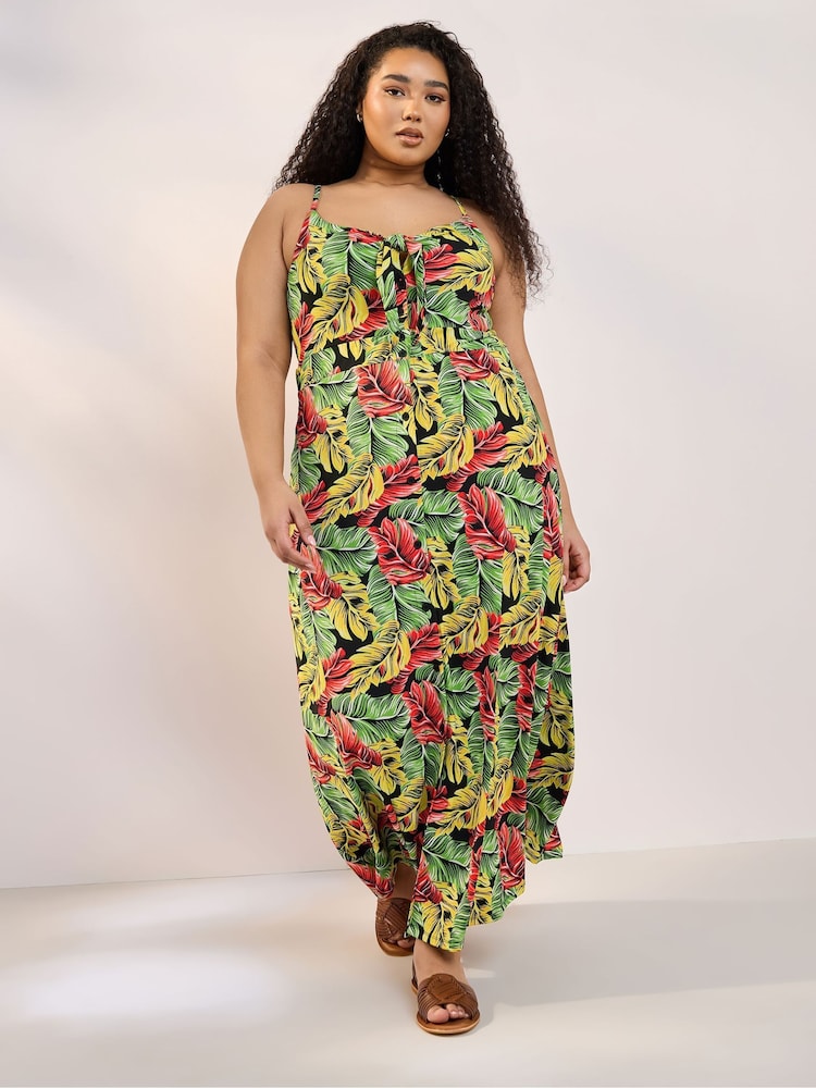 Yours Curve Black Leaf Print Maxi Dress - Image 2 of 5