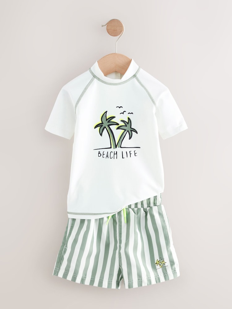 blanco/verde - Conjunto de pantalones cortos y camiseta con diseño de protección solar (3 meses - 7 años) - Imagen 2 de 5