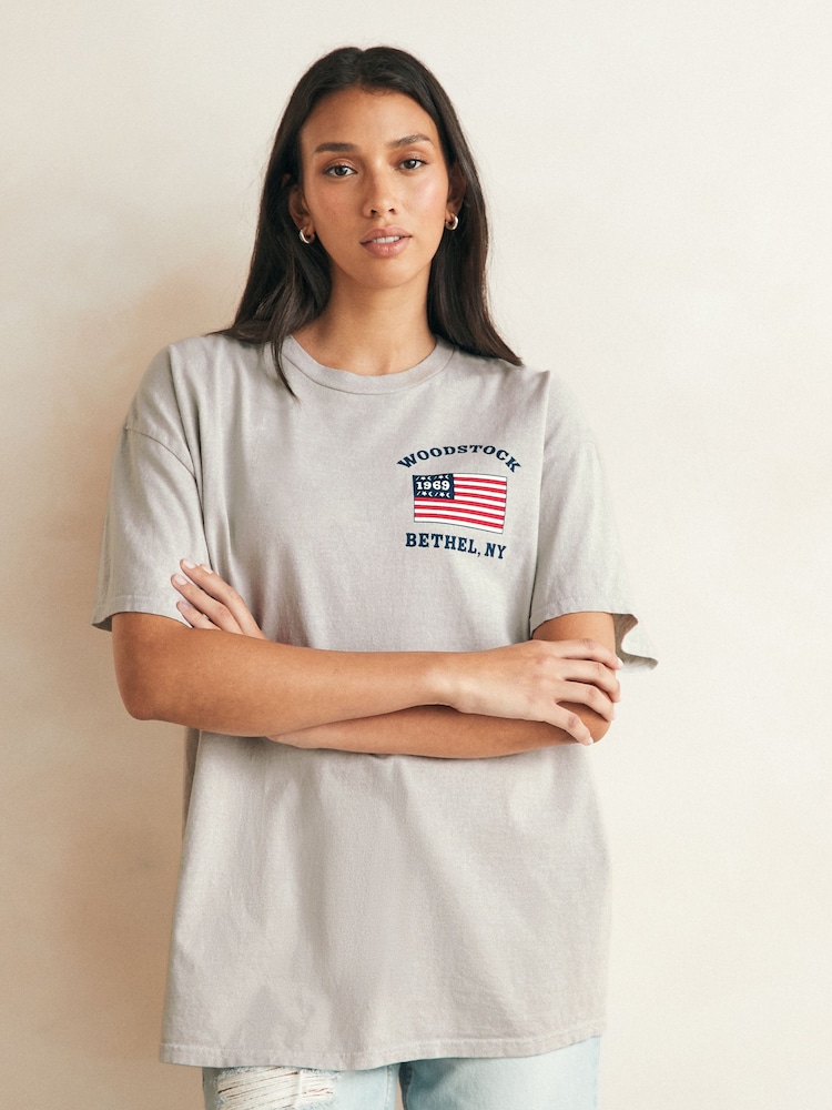 Greige 100% Cotton Woodstock Festival Licence Graphic T-Shirt - Image 1 of 6