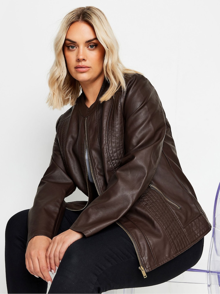Yours Curve Chocolate Brown Faux Leather Jacket - Image 2 of 6