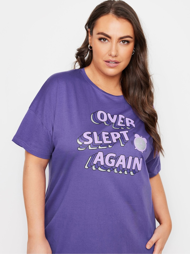 Yours Curve Purple Overslept Again Sleep 100% Cotton T-Shirt - Image 4 of 4