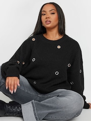 Yours Curve Black Eyelet Jumper - Image 1 of 5