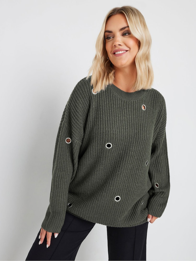 Yours Curve Grey Eyelet Jumper - Image 2 of 5