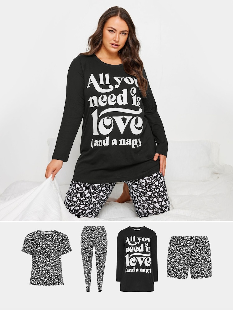 Yours Curve Black Love And Nap Long Sleeve 100% Cotton Pyjamas Set 4 Pack - Image 1 of 4