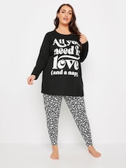 Yours Curve Black Love And Nap Long Sleeve 100% Cotton Pyjamas Set 4 Pack - Image 2 of 4