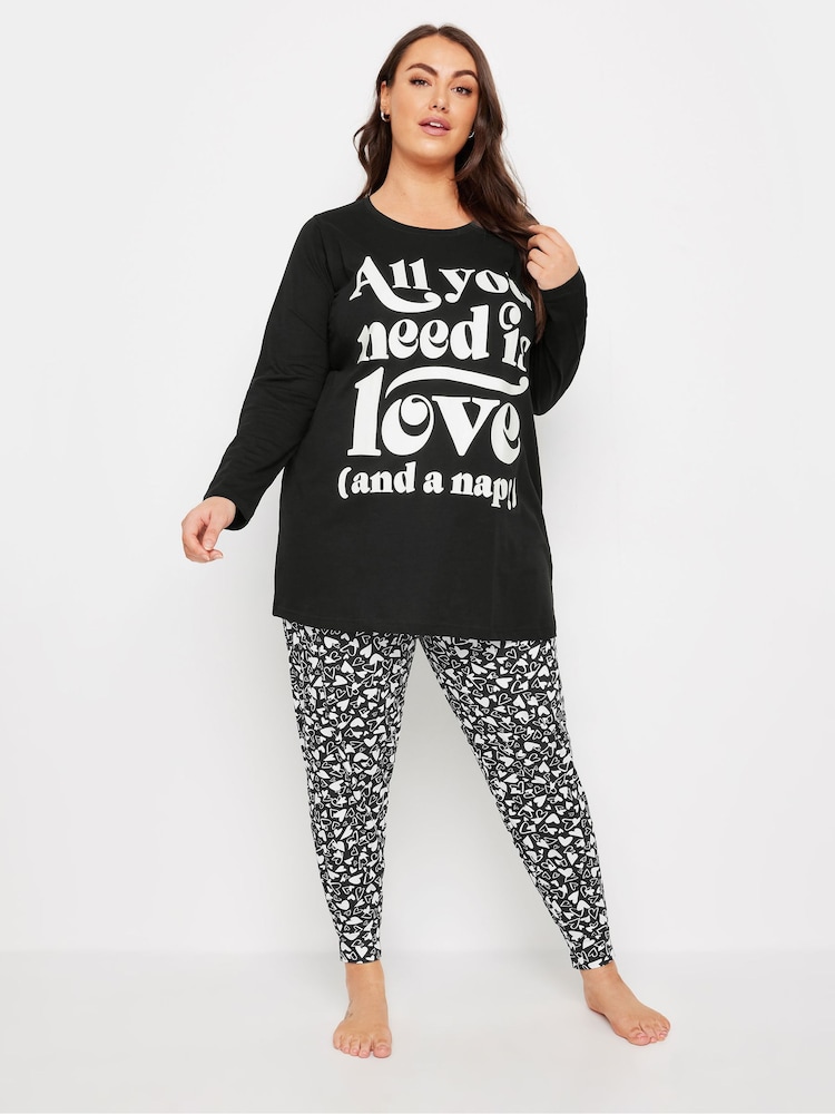 Yours Curve Black Love And Nap Long Sleeve 100% Cotton Pyjamas Set 4 Pack - Image 2 of 4