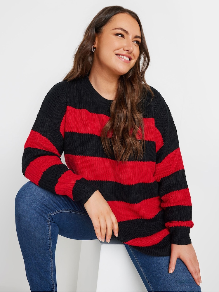 Yours Curve Red Striped Drop Shoulder Jumper - Image 1 of 6
