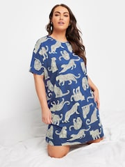 Yours Curve Blue Conversational Leopard Print Sleep 100% Cotton T-Shirt - Image 1 of 5