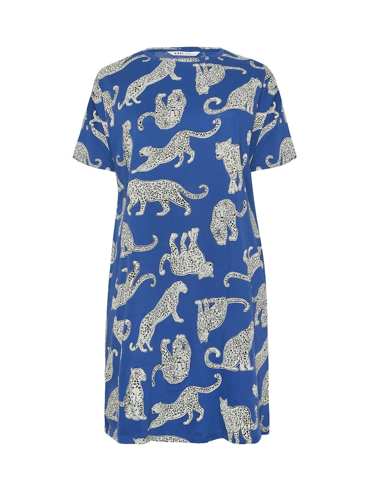 Yours Curve Blue Conversational Leopard Print Sleep 100% Cotton T-Shirt - Image 5 of 5
