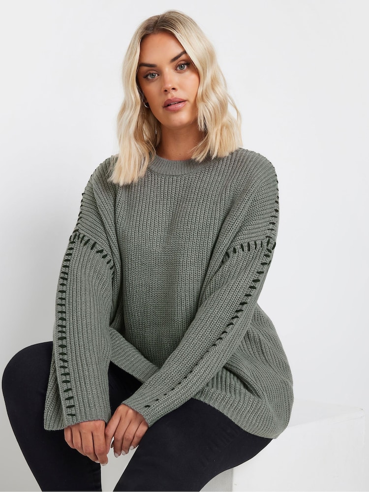 Yours Curve Grey Blanket Stitch Jumper - Image 1 of 5