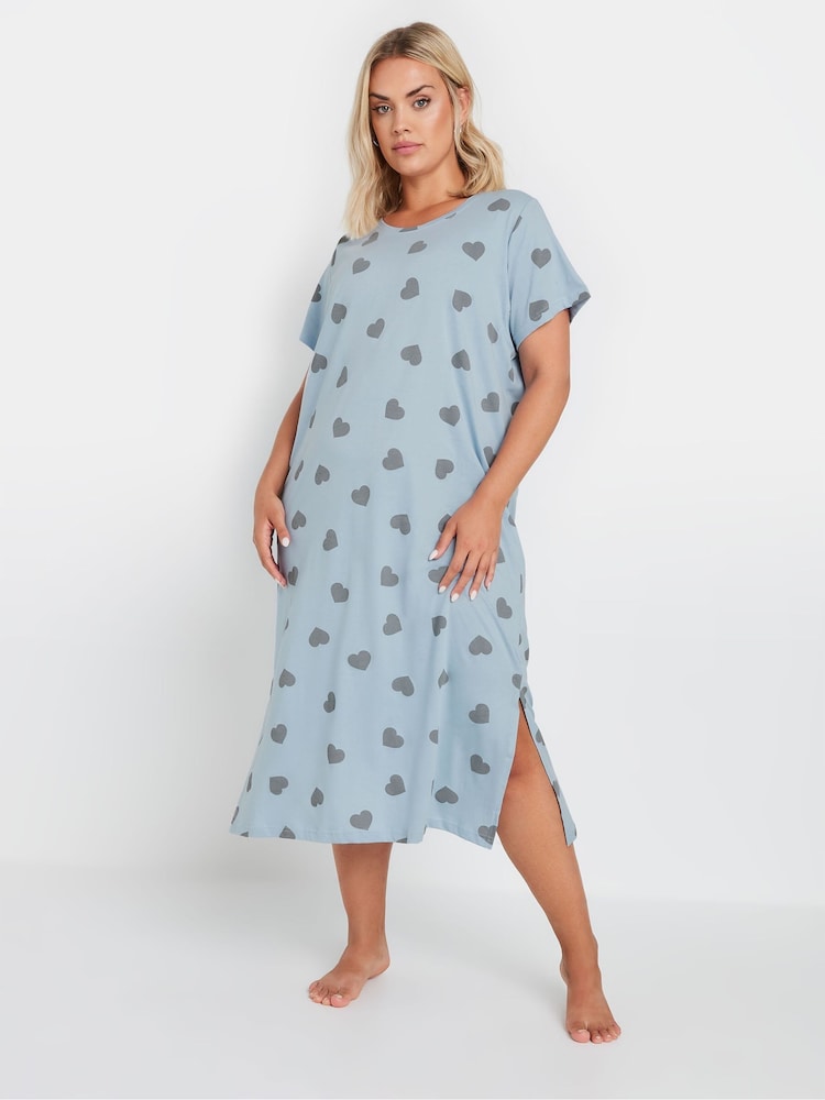 Yours Curve Blue Heart Midaxi 100% Cotton Nightdress - Image 1 of 3