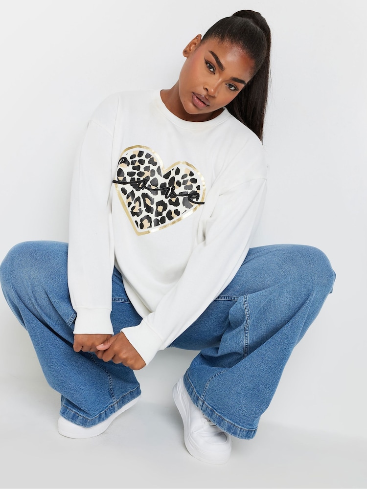 Yours Curve Nude Leopard Print Love Crew Neck Jumper - Image 1 of 5