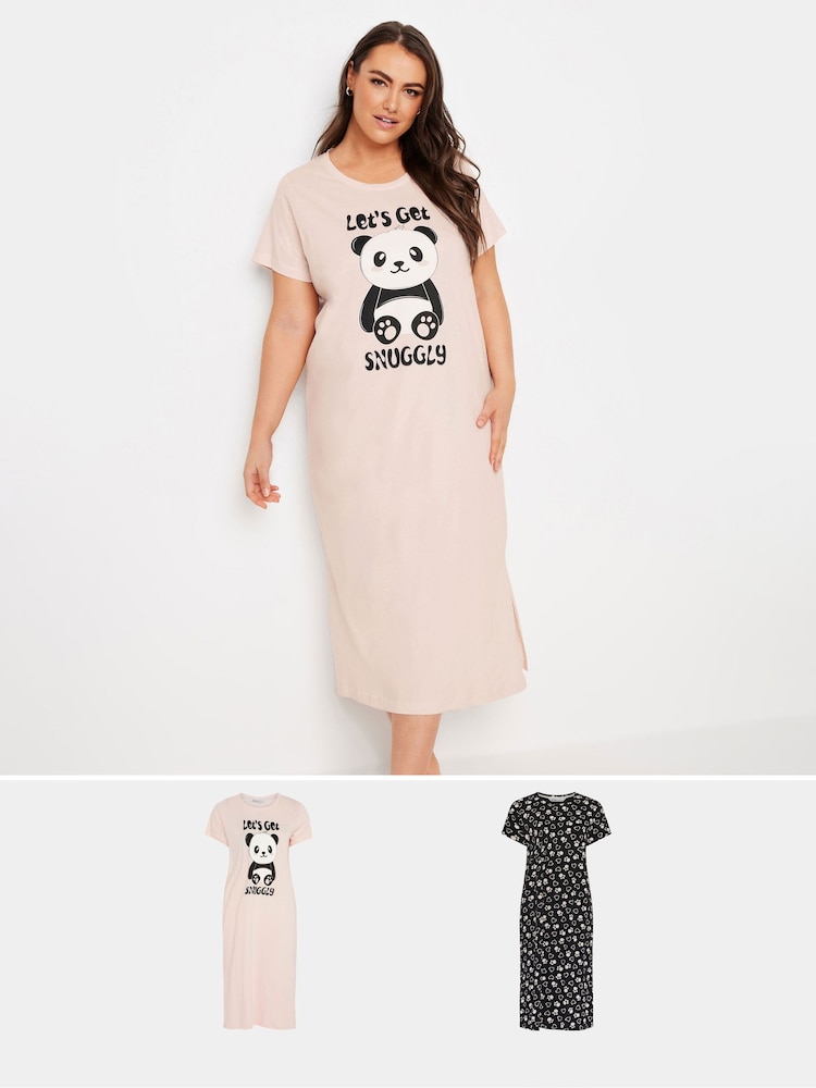 Yours Curve Pink Lets Get Snuggly 100% Cotton Midaxi Nightdress 2 Pack - Image 1 of 8