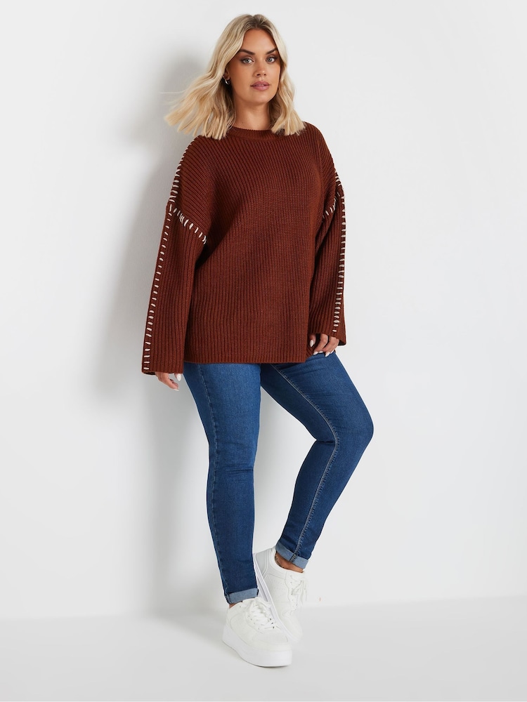Yours Curve Orange Blanket Stitch Jumper - Image 2 of 5