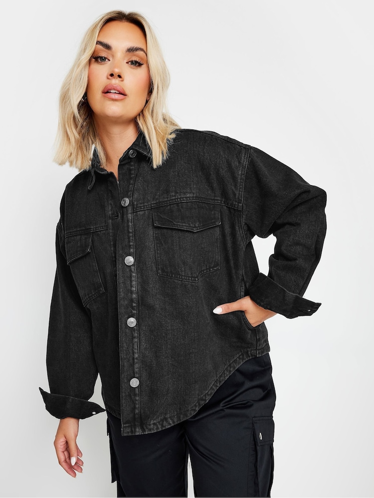 Yours Curve Black Quilted Denim Shacket - Image 4 of 5
