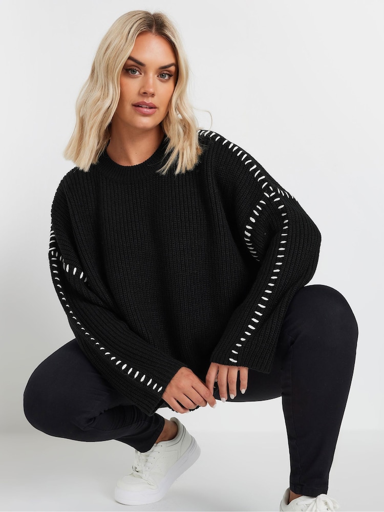 Yours Curve Black Blanket Stitch Jumper - Image 1 of 5