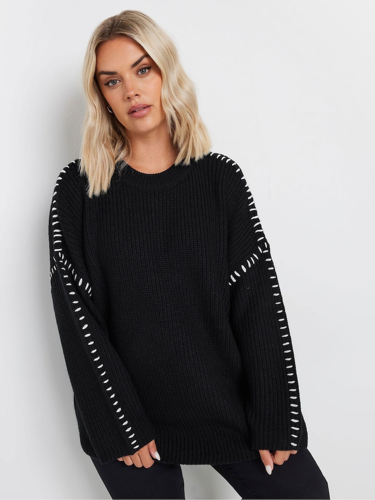 Yours Curve Black Blanket Stitch Jumper - Image 2 of 5