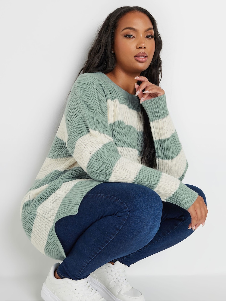 Yours Curve Blue Striped Drop Shoulder Jumper - Image 1 of 6