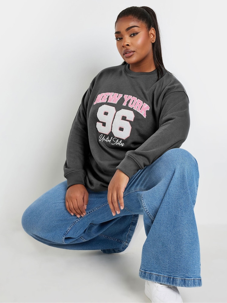 Yours Curve Grey New York Flocked Sweatshirt - Image 1 of 5