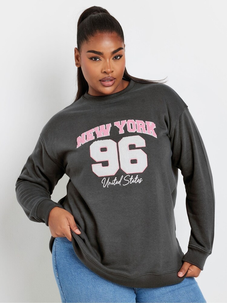Yours Curve Grey New York Flocked Sweatshirt - Image 4 of 5
