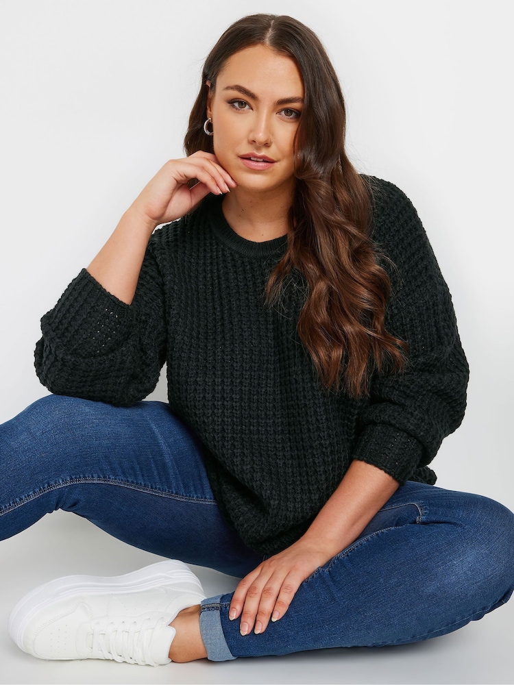 Yours Curve Black Waffle Knit Jumper - Image 1 of 6