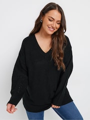 Yours Curve Black Drop Shoulder V-Neck Jumper - Image 1 of 5