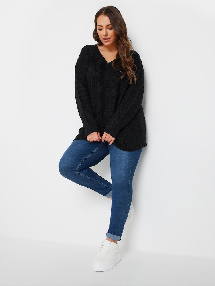 Yours Curve Black Drop Shoulder V-Neck Jumper - Image 2 of 5