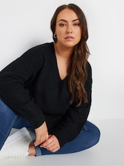 Yours Curve Black Drop Shoulder V-Neck Jumper - Image 4 of 5