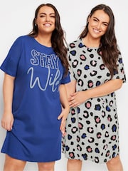 Yours Curve Grey Oversized Animal Print Sleep T-Shirts 2 Pack - Image 1 of 8