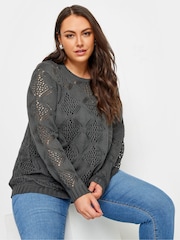 Yours Curve Grey Pointelle Mesh Stitch Jumper - Image 1 of 4