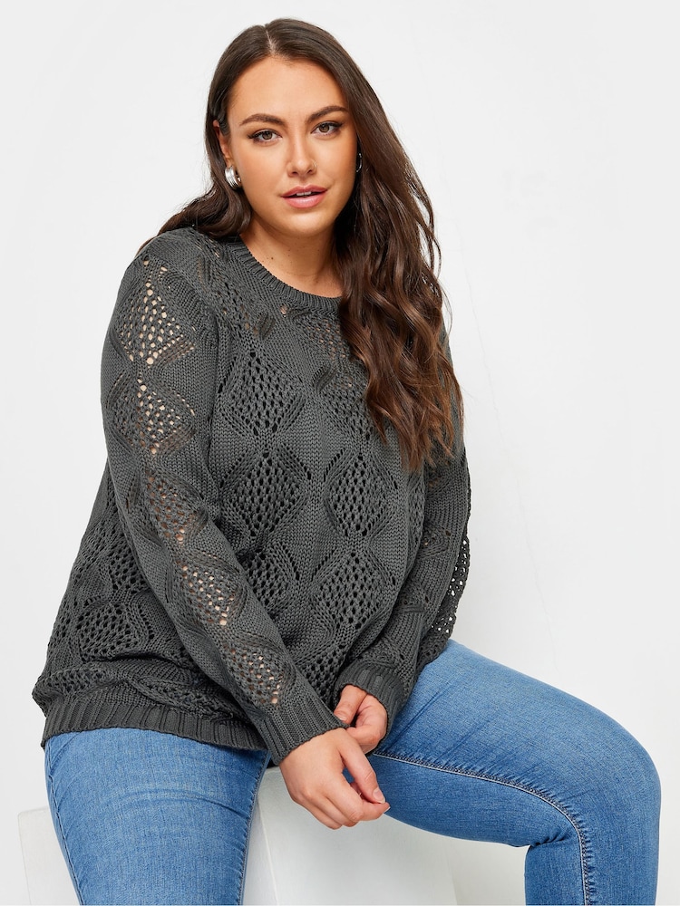 Yours Curve Grey Pointelle Mesh Stitch Jumper - Image 1 of 4