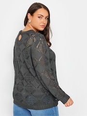 Yours Curve Grey Pointelle Mesh Stitch Jumper - Image 3 of 4