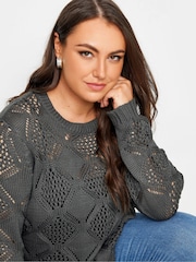 Yours Curve Grey Pointelle Mesh Stitch Jumper - Image 4 of 4