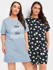 Yours Curve Blue Bee Happy Daisy Sleep 100% Cotton T-Shirts 2 Pack - Image 1 of 8