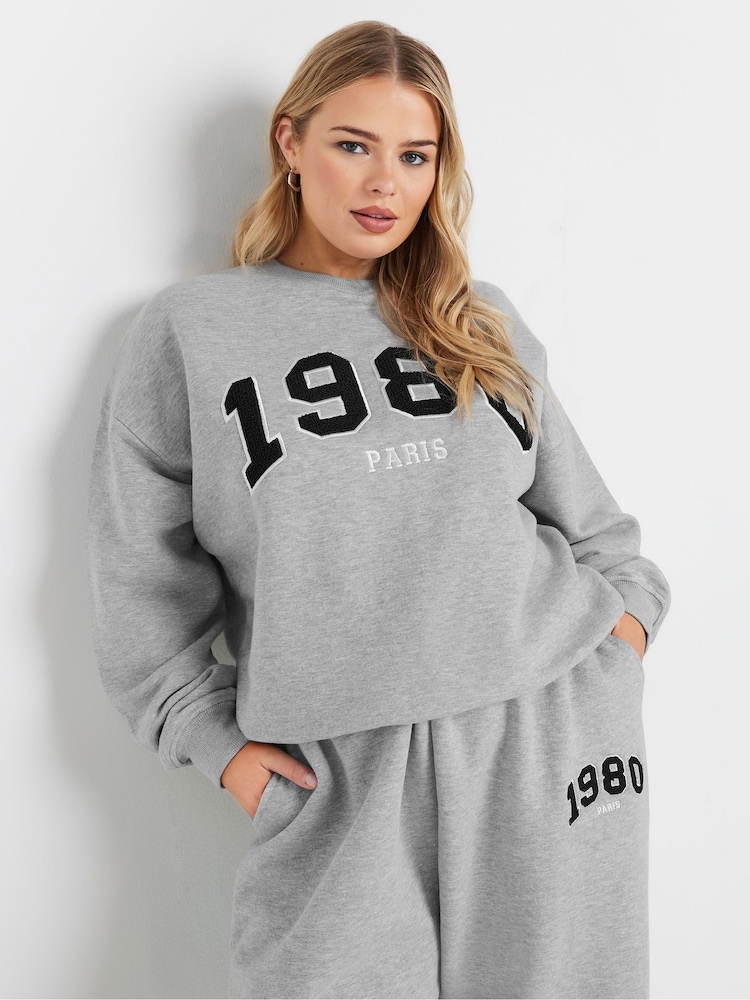 Yours Curve Grey Appliqué 1980 Marl Crew Neck Jumper - Image 2 of 5