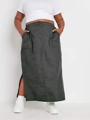 Yours Curve Grey Maxi Cargo 100% Cotton Skirt With Side Slits - Image 1 of 5